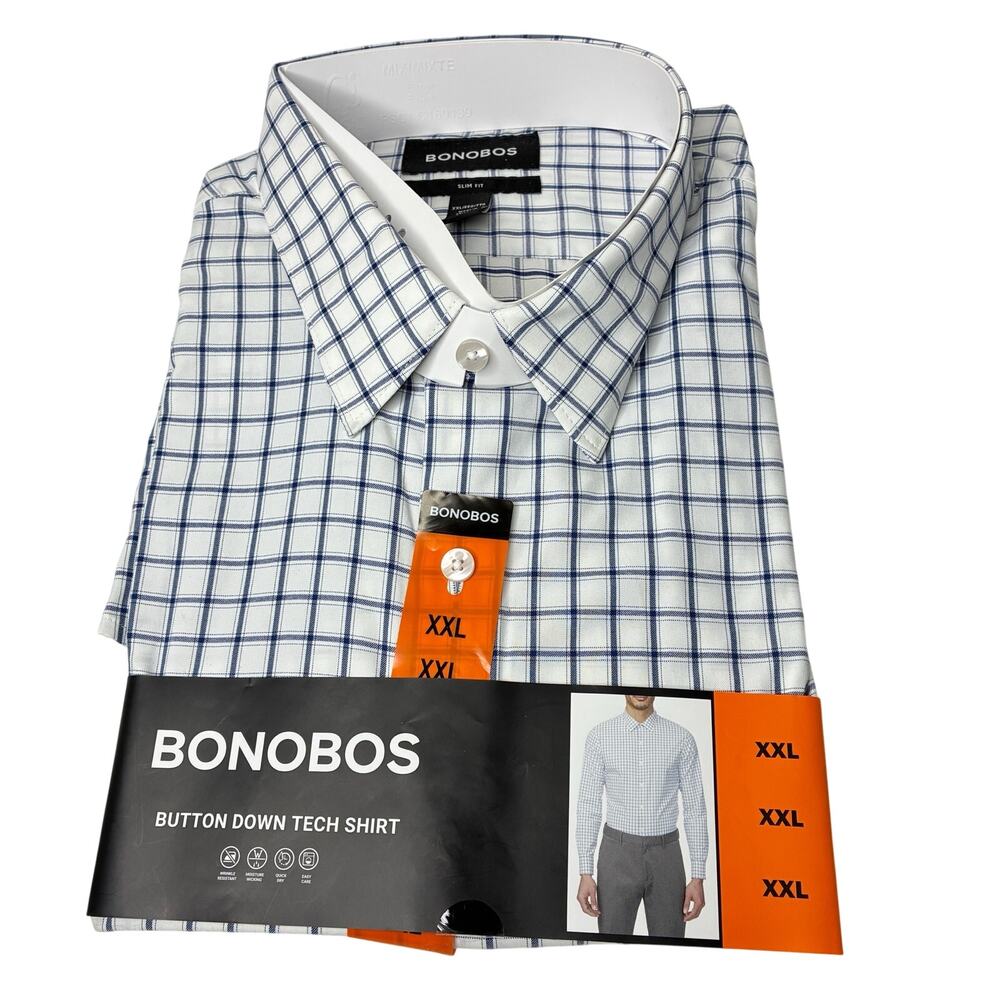 Bonobos White Blue Plaid Button Down Tech Shirt Slim Fit Long Sleeve NWT Men XXL